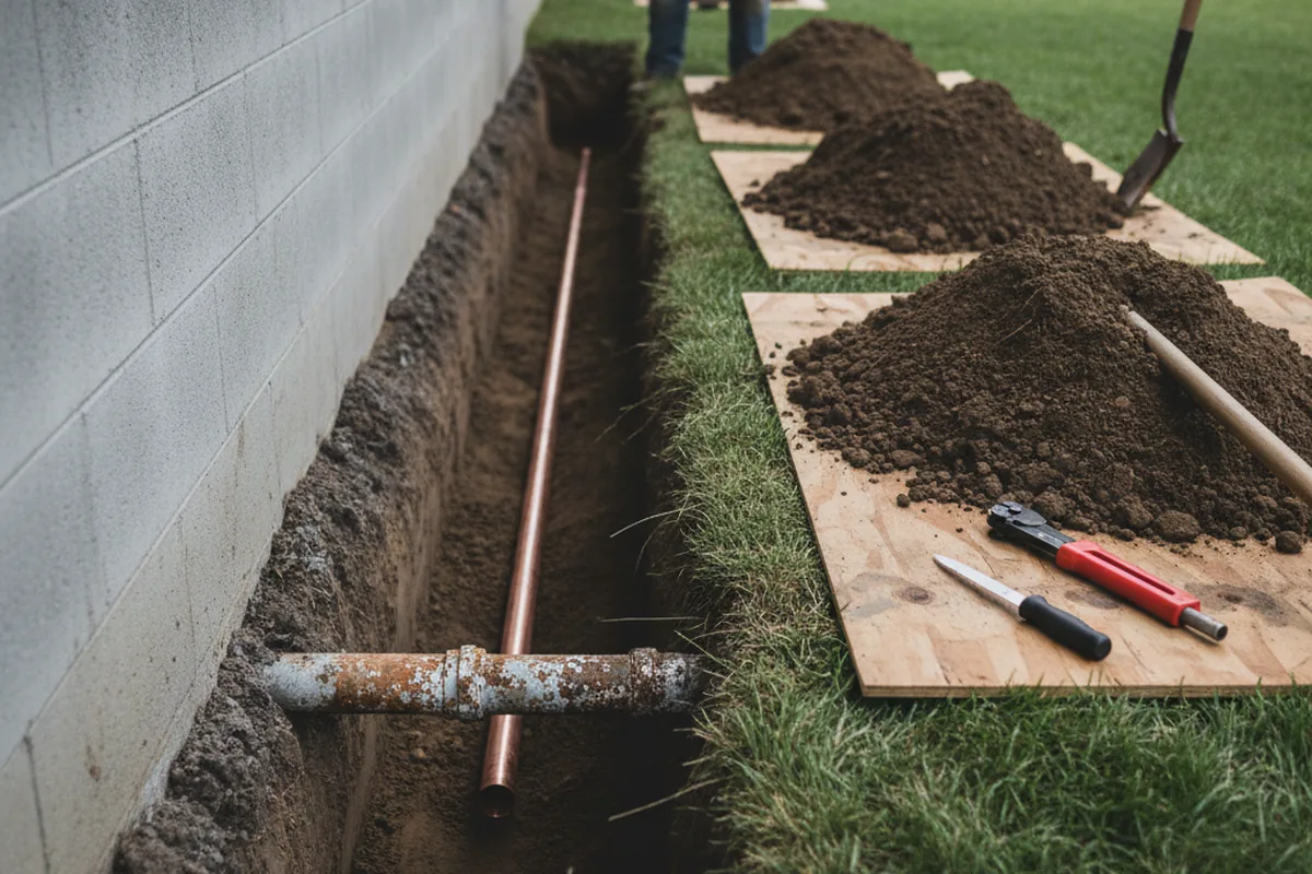 Excavated water line trench during Water Softener Installation in Rougon